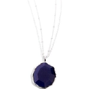 Blue Oval Pendant and Double Silver Satellite Necklace